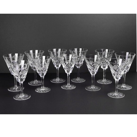W J Hughes Crystal Janessa Water or Wine Glasses, Cut Star/Pinwheel /Fan Set 11 - Picture 1 of 13
